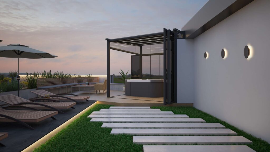 Computer generated image of a Rooftop Terrace with swimming pool. Architectural Visualization. 3D rendering. Exterior Design
